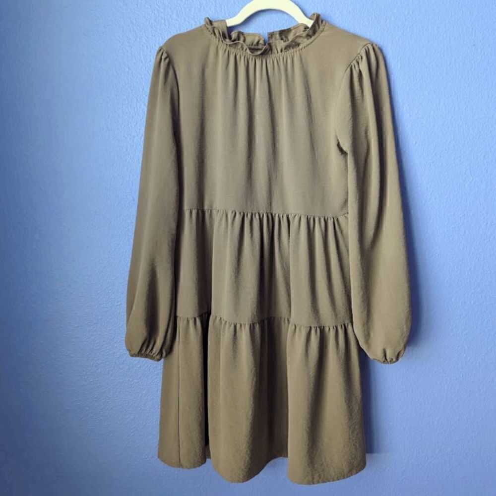 Women's Copper Key Baby Doll Dress Long Sleeve Round Neckline Brown XS Ruffled